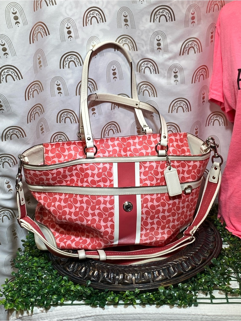 Coach Coral Pink Signature Stripe Tote with White Trim diaper bag